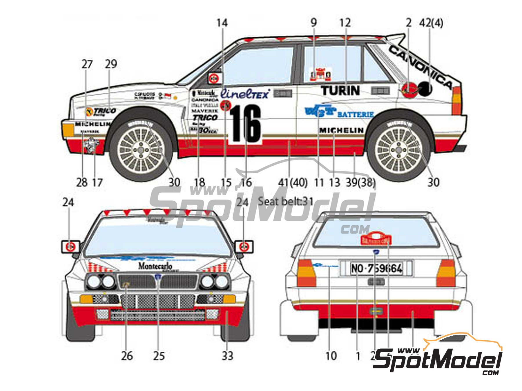 Image 2: Lancia Super Delta Deltona HF Integrale sponsored by Canonica - Monte Carlo Rally - Rallye Automobile de Monte-Carlo 1993 | Marking / livery in 1/24 scale manufactured by Studio27 (ref. ST27-DC1131, also 4545310012948 and DC1131)