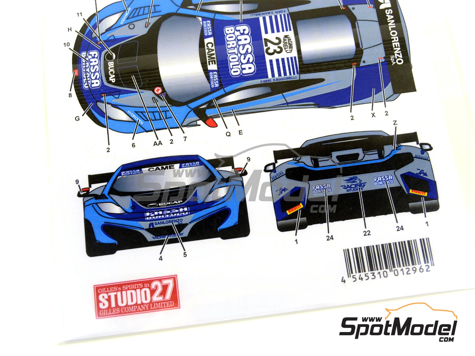 Image 9: McLaren MP4-12C GT3 Racing Studio Team sponsored by Fassa Bortolo - Italian GTs Championship 2015 | Marking / livery in 1/24 scale manufactured by Studio27 (ref.&nbsp;ST27-DC1134, also 4545310012962 and DC1134)
