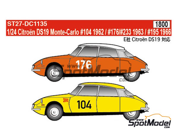 Image 1: Citroën DS19 - Rally de Monte Carlo - Rallye Automobile de Monte-Carlo 1959, 1962, 1963, 1964 y 1966 | Decoración en escala 1/24 fabricado por Studio27 (ref. ST27-DC1135, tambien 4545310012979 y DC1135)