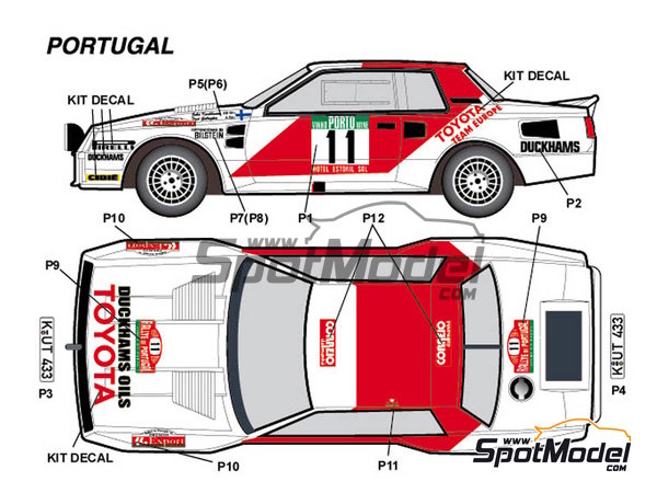 Image 1: Toyota TA64 Celica patrocinado por Rank Xerox - Rally de Inglaterra RAC, Rally de los 1000 Lagos Finlandia, Rally de Nueva Zelanda, Rally de Portugal - Vinho do Porto 1984 | Decoración en escala 1/24 fabricado por Studio27 (ref. ST27-DC1139, tambien 4545310013075 y DC1139)