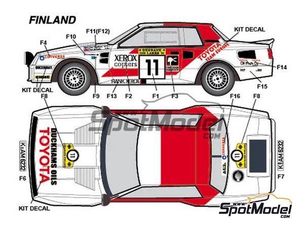 Image 2: Toyota TA64 Celica patrocinado por Rank Xerox - Rally de Inglaterra RAC, Rally de los 1000 Lagos Finlandia, Rally de Nueva Zelanda, Rally de Portugal - Vinho do Porto 1984 | Decoración en escala 1/24 fabricado por Studio27 (ref. ST27-DC1139, tambien 4545310013075 y DC1139)