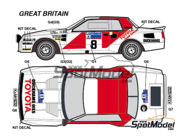 Image 3: Toyota TA64 Celica patrocinado por Rank Xerox - Rally de Inglaterra RAC, Rally de los 1000 Lagos Finlandia, Rally de Nueva Zelanda, Rally de Portugal - Vinho do Porto 1984 | Decoración en escala 1/24 fabricado por Studio27 (ref. ST27-DC1139, tambien 4545310013075 y DC1139)