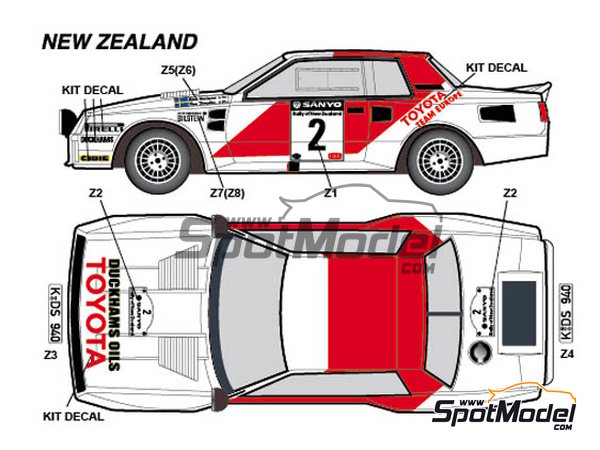 Image 4: Toyota TA64 Celica patrocinado por Rank Xerox - Rally de Inglaterra RAC, Rally de los 1000 Lagos Finlandia, Rally de Nueva Zelanda, Rally de Portugal - Vinho do Porto 1984 | Decoración en escala 1/24 fabricado por Studio27 (ref. ST27-DC1139, tambien 4545310013075 y DC1139)