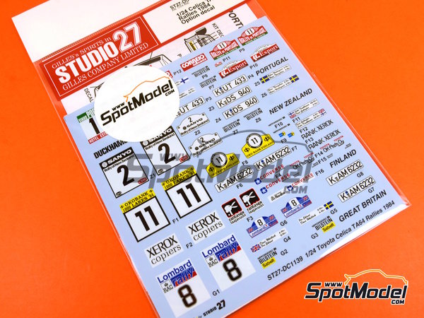 Image 5: Toyota TA64 Celica patrocinado por Rank Xerox - Rally de Inglaterra RAC, Rally de los 1000 Lagos Finlandia, Rally de Nueva Zelanda, Rally de Portugal - Vinho do Porto 1984 | Decoración en escala 1/24 fabricado por Studio27 (ref. ST27-DC1139, tambien 4545310013075 y DC1139)
