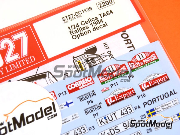 Image 6: Toyota TA64 Celica patrocinado por Rank Xerox - Rally de Inglaterra RAC, Rally de los 1000 Lagos Finlandia, Rally de Nueva Zelanda, Rally de Portugal - Vinho do Porto 1984 | Decoración en escala 1/24 fabricado por Studio27 (ref. ST27-DC1139, tambien 4545310013075 y DC1139)