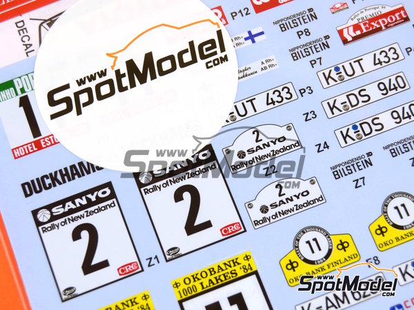 Image 7: Toyota TA64 Celica patrocinado por Rank Xerox - Rally de Inglaterra RAC, Rally de los 1000 Lagos Finlandia, Rally de Nueva Zelanda, Rally de Portugal - Vinho do Porto 1984 | Decoración en escala 1/24 fabricado por Studio27 (ref. ST27-DC1139, tambien 4545310013075 y DC1139)