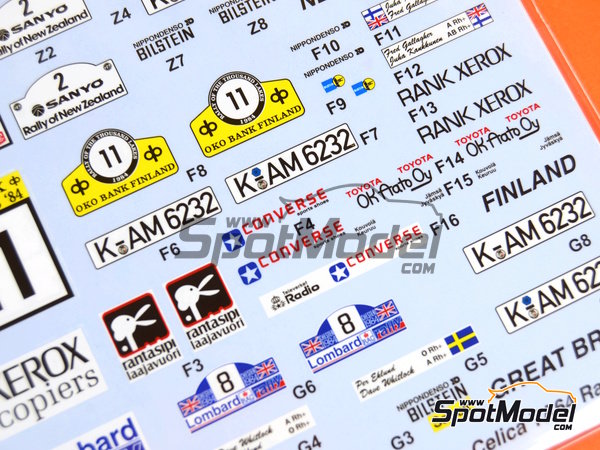 Image 8: Toyota TA64 Celica patrocinado por Rank Xerox - Rally de Inglaterra RAC, Rally de los 1000 Lagos Finlandia, Rally de Nueva Zelanda, Rally de Portugal - Vinho do Porto 1984 | Decoración en escala 1/24 fabricado por Studio27 (ref. ST27-DC1139, tambien 4545310013075 y DC1139)
