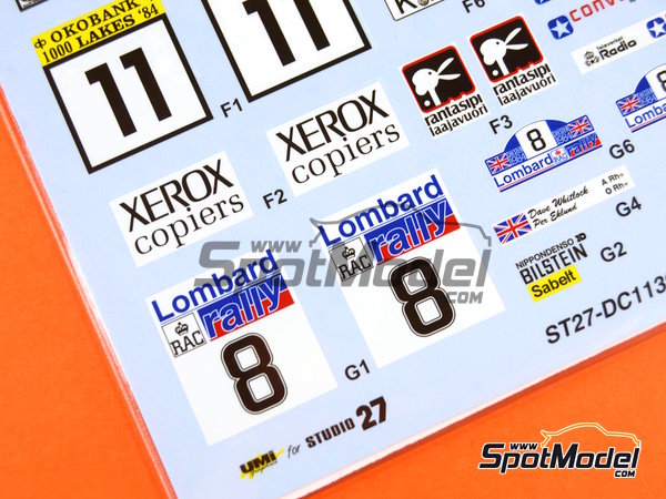 Image 9: Toyota TA64 Celica patrocinado por Rank Xerox - Rally de Inglaterra RAC, Rally de los 1000 Lagos Finlandia, Rally de Nueva Zelanda, Rally de Portugal - Vinho do Porto 1984 | Decoración en escala 1/24 fabricado por Studio27 (ref. ST27-DC1139, tambien 4545310013075 y DC1139)