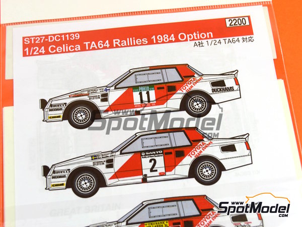 Image 10: Toyota TA64 Celica patrocinado por Rank Xerox - Rally de Inglaterra RAC, Rally de los 1000 Lagos Finlandia, Rally de Nueva Zelanda, Rally de Portugal - Vinho do Porto 1984 | Decoración en escala 1/24 fabricado por Studio27 (ref. ST27-DC1139, tambien 4545310013075 y DC1139)