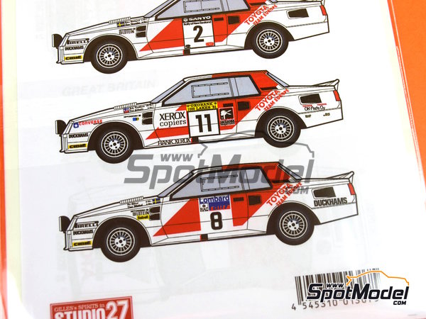 Image 11: Toyota TA64 Celica patrocinado por Rank Xerox - Rally de Inglaterra RAC, Rally de los 1000 Lagos Finlandia, Rally de Nueva Zelanda, Rally de Portugal - Vinho do Porto 1984 | Decoración en escala 1/24 fabricado por Studio27 (ref. ST27-DC1139, tambien 4545310013075 y DC1139)