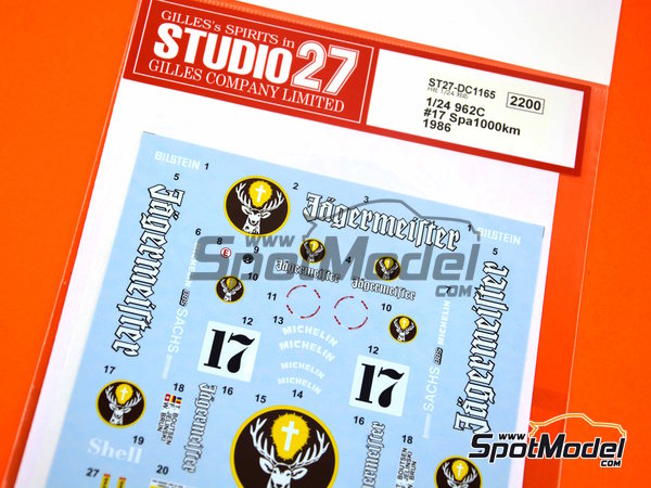 Image 1: Porsche 962C Brun Motorsport Team sponsored by Jagermeister - SPA Francorchamps 1000 Kms 1986 | Marking / livery in 1/24 scale manufactured by Studio27 (ref.&nbsp;ST27-DC1165, also 4545310013983 and DC1165)