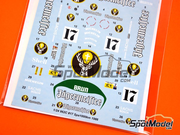 Image 2: Porsche 962C Brun Motorsport Team sponsored by Jagermeister - SPA Francorchamps 1000 Kms 1986 | Marking / livery in 1/24 scale manufactured by Studio27 (ref.&nbsp;ST27-DC1165, also 4545310013983 and DC1165)