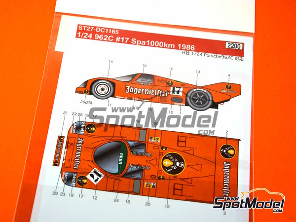 Image 3: Porsche 962C Brun Motorsport Team sponsored by Jagermeister - SPA Francorchamps 1000 Kms 1986 | Marking / livery in 1/24 scale manufactured by Studio27 (ref.&nbsp;ST27-DC1165, also 4545310013983 and DC1165)