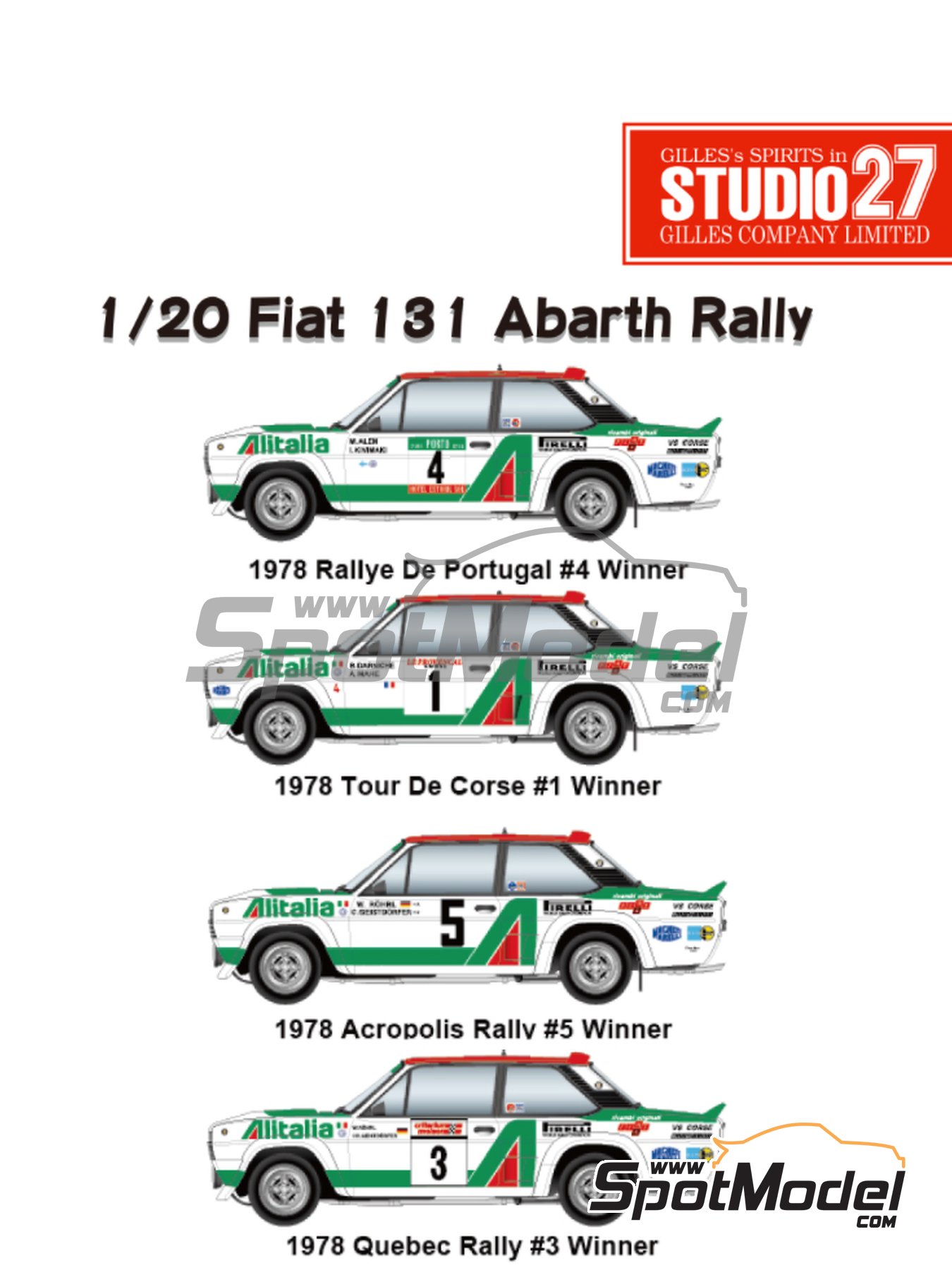 Studio27: Marking / livery 1/20 scale - Fiat 131 Abarth Rally sponsored by  Alitalia #1, 3, 4, 5 - Markku Alén (FI) + Ilkka Kivimäki (FI), Walter Röhrl  (DE) + Christian Geistdörfer (