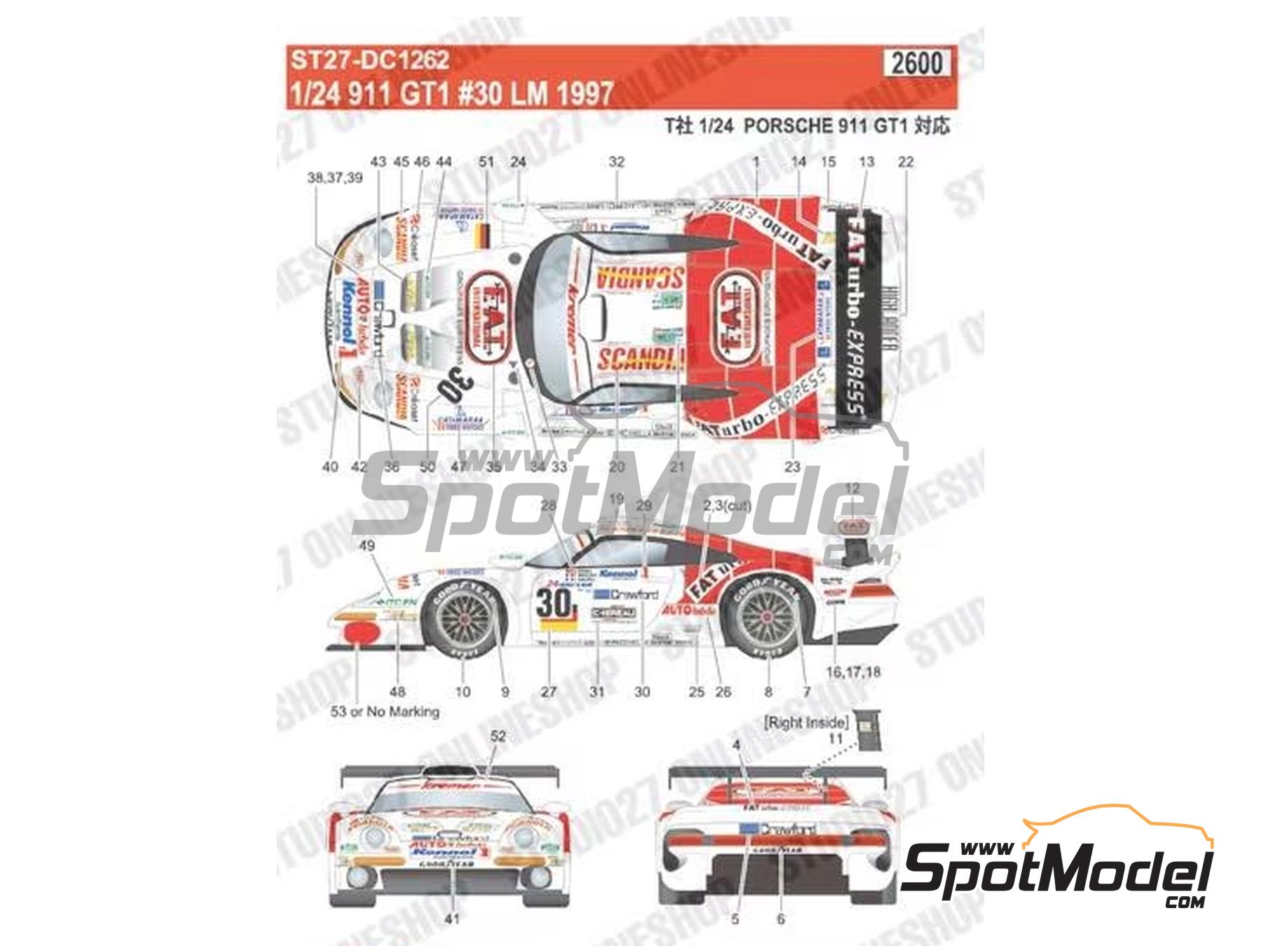 Image 1: Porsche 911 GT1 Equipo Kremer Racing patrocinado por FATurbo-Express - 24 Horas de Le Mans 1997 | Decoraci&oacute;n en escala&nbsp;1/24 fabricado por Studio27 (ref.&nbsp;ST27-DC1262, tambien 4545310022107 y DC1262)