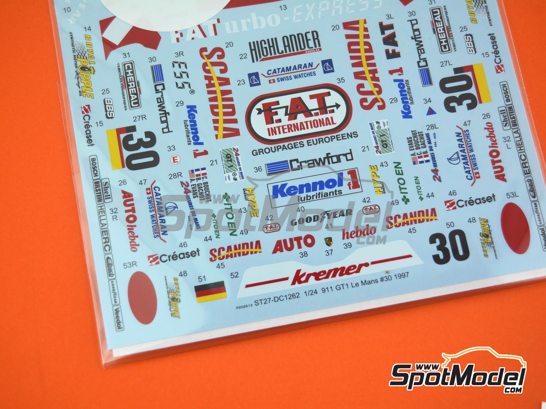 Image 4: Porsche 911 GT1 Equipo Kremer Racing patrocinado por FATurbo-Express - 24 Horas de Le Mans 1997 | Decoraci&oacute;n en escala&nbsp;1/24 fabricado por Studio27 (ref.&nbsp;ST27-DC1262, tambien 4545310022107 y DC1262)