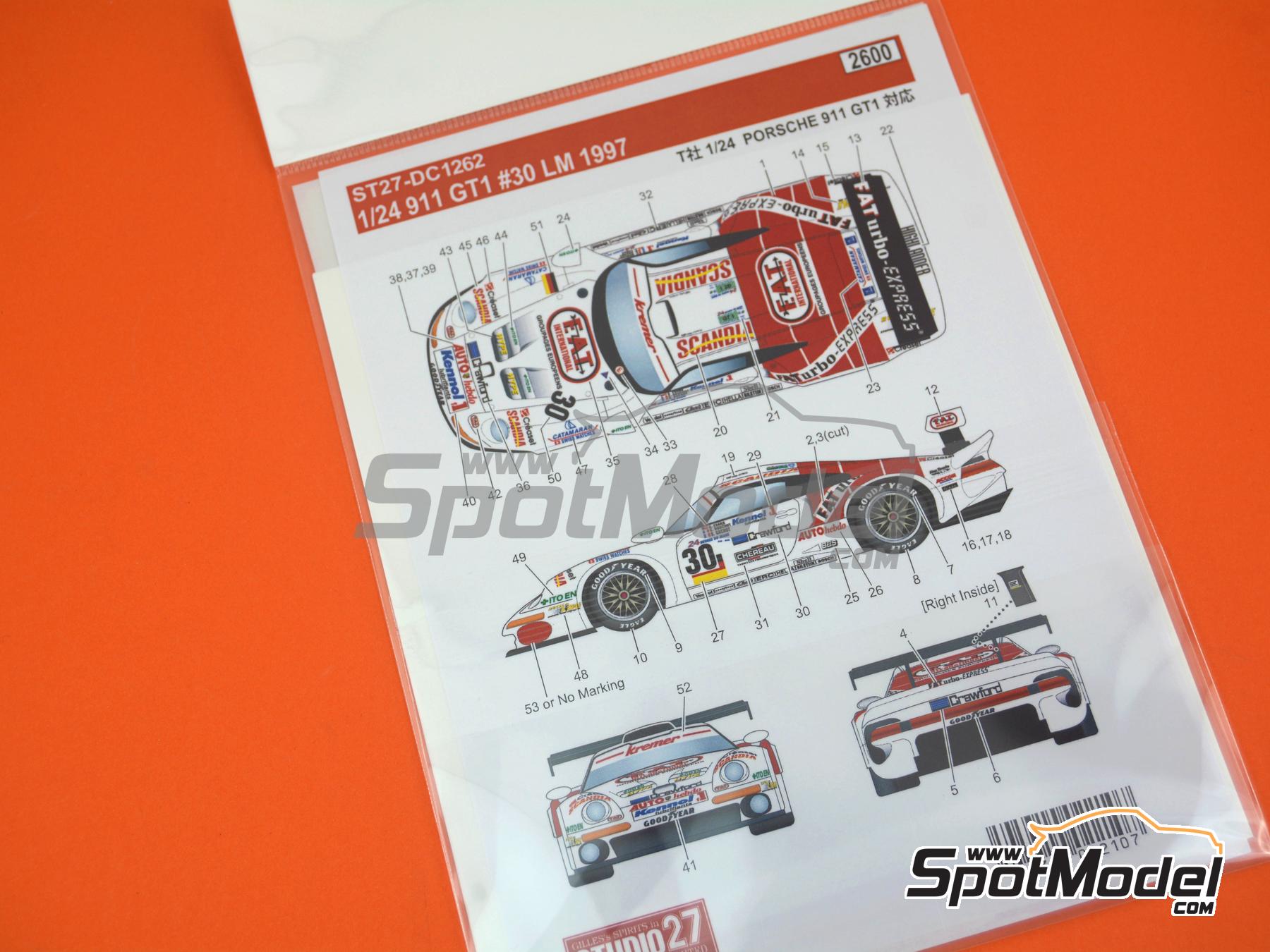 Image 6: Porsche 911 GT1 Equipo Kremer Racing patrocinado por FATurbo-Express - 24 Horas de Le Mans 1997 | Decoraci&oacute;n en escala&nbsp;1/24 fabricado por Studio27 (ref.&nbsp;ST27-DC1262, tambien 4545310022107 y DC1262)
