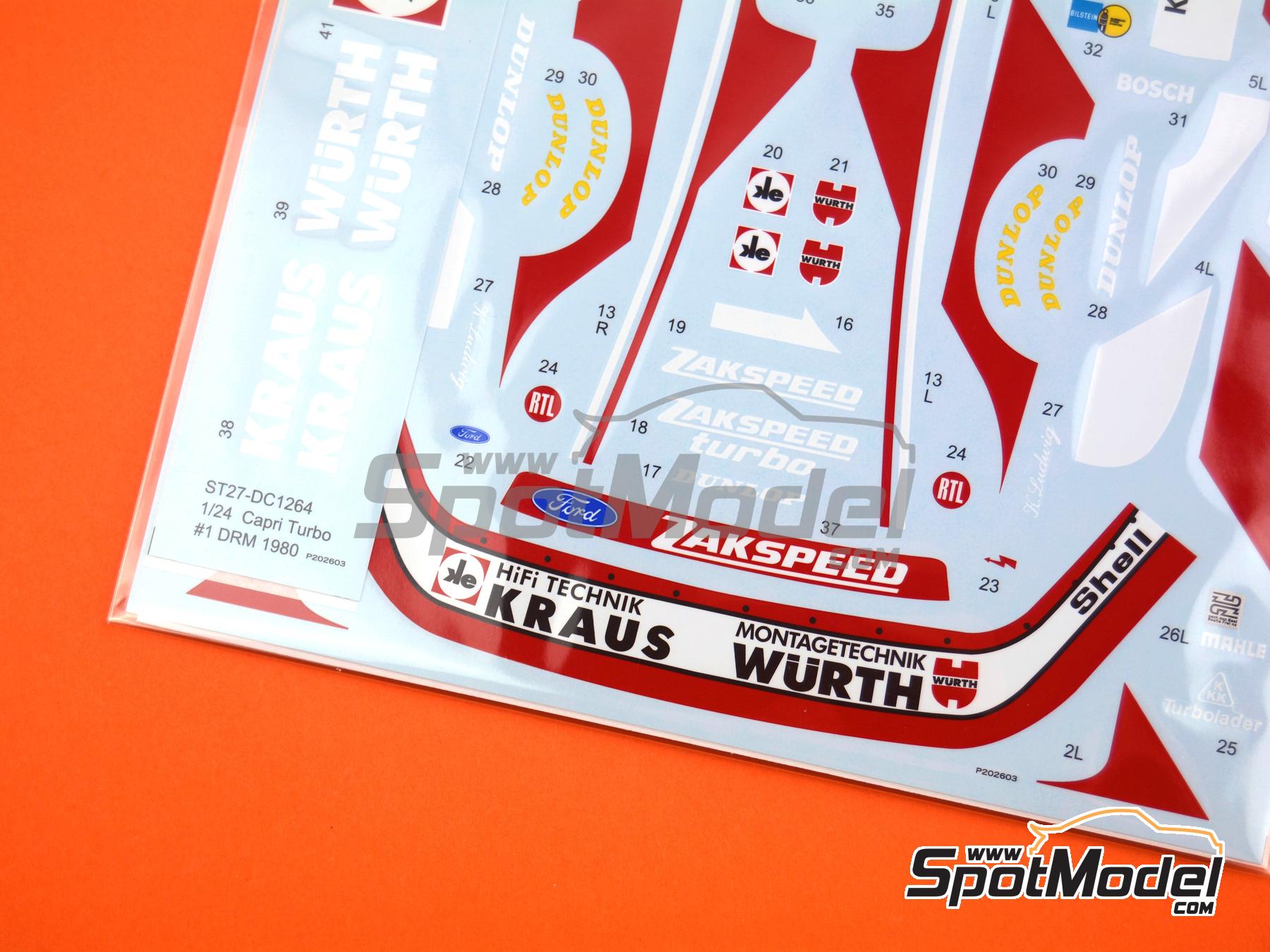 Image 4: Ford Capri Turbo Grupo 5 Equipo Zakspeed patrocinado por Kraus, Wurth - Deutsche Rennsport Meisterschaft DRM 1980 | Decoraci&oacute;n en escala&nbsp;1/24 fabricado por Studio27 (ref.&nbsp;ST27-DC1264, tambien 4545310022220 y DC1264)