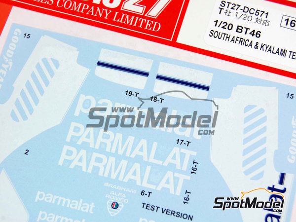 Image 1: Brabham Alfa Romeo BT46 Brabham Racing Organisation Team sponsored by Parmalat - South African Formula 1 Grand Prix, Test version 1978 | Marking / livery in 1/20 scale manufactured by Studio27 (ref.&nbsp;ST27-DC571C, also 4545310405719 and DC571C)