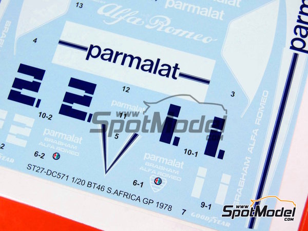 Image 3: Brabham Alfa Romeo BT46 Brabham Racing Organisation Team sponsored by Parmalat - South African Formula 1 Grand Prix, Test version 1978 | Marking / livery in 1/20 scale manufactured by Studio27 (ref.&nbsp;ST27-DC571C, also 4545310405719 and DC571C)