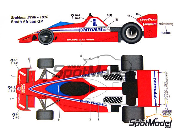 Image 5: Brabham Alfa Romeo BT46 Brabham Racing Organisation Team sponsored by Parmalat - South African Formula 1 Grand Prix, Test version 1978 | Marking / livery in 1/20 scale manufactured by Studio27 (ref.&nbsp;ST27-DC571C, also 4545310405719 and DC571C)