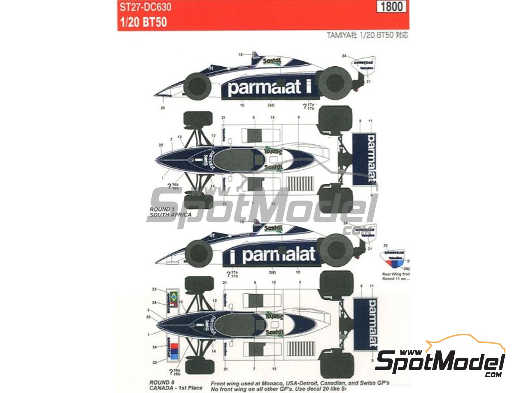 Image 1: Brabham BT50 BMW Turbo Equipo Brabham Racing Organisation patrocinado por Parmalat - Campeonato del Mundo FIA de Formula 1 1982 | Decoraci&oacute;n en escala&nbsp;1/20 fabricado por Studio27 (ref.&nbsp;ST27-DC630, tambien 4545310406303 y DC630)