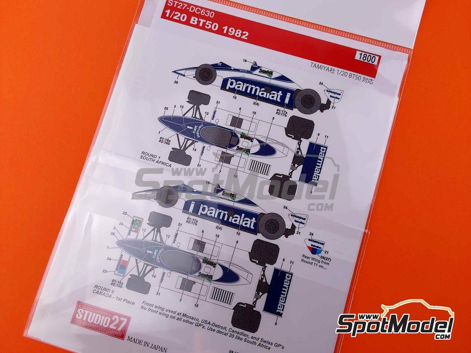 Image 4: Brabham BT50 BMW Turbo Equipo Brabham Racing Organisation patrocinado por Parmalat - Campeonato del Mundo FIA de Formula 1 1982 | Decoraci&oacute;n en escala&nbsp;1/20 fabricado por Studio27 (ref.&nbsp;ST27-DC630, tambien 4545310406303 y DC630)