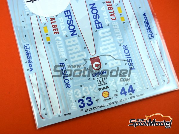 Image 3: Tyrrell Honda 020 Tyrrell Racing Team sponsored by Braun Epson - Test version, FIA Formula 1 World Championship 1991 | Marking / livery in 1/20 scale manufactured by Studio27 (ref.&nbsp;ST27-DC639R, also 4545310408086, DC639R and ST27-DC639C)