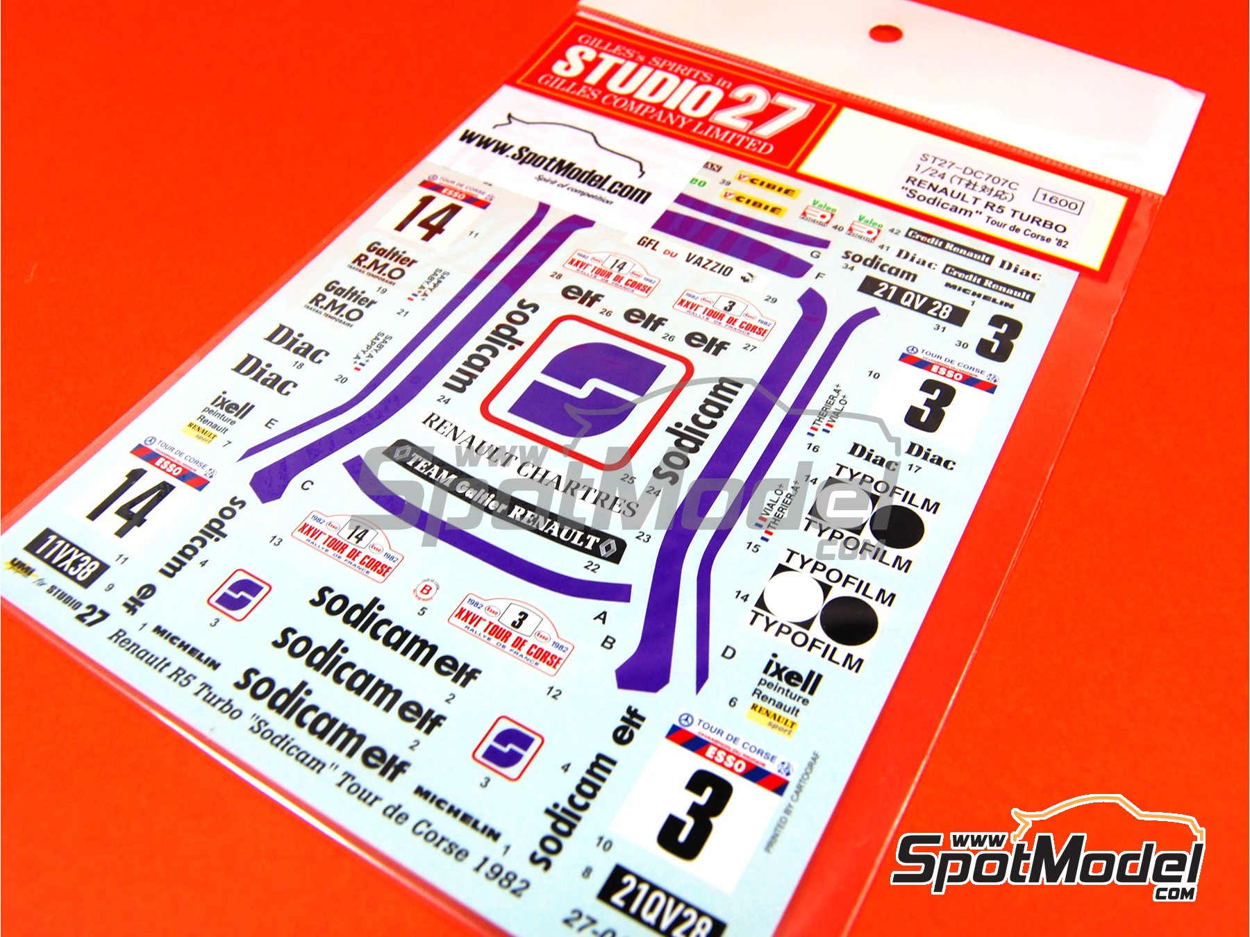 Studio27: Marking / livery 1/24 scale - Renault 5 Turbo sponsored by Sodicam  #3, 14 - Jean-Luc Thérier (FR) + Michel Vial (FR) - Tour de Corse 1982  (ref. ST27-DC707C) | SpotModel