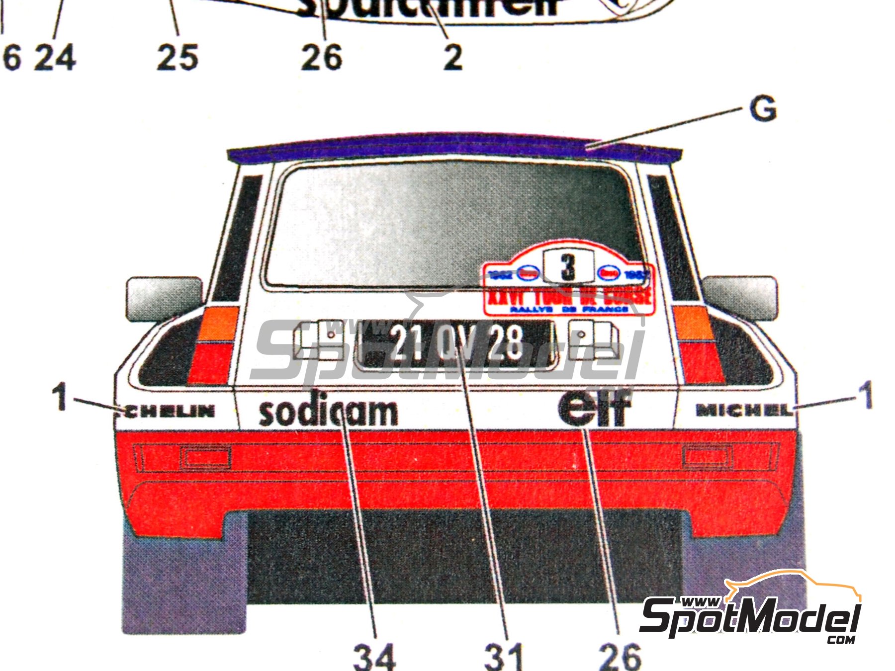Image 12: Renault 5 Turbo Equipo Renault Sodicam Elf patrocinado por Sodicam - Rally Tour de Corse 1982 | Decoraci&oacute;n en escala&nbsp;1/24 fabricado por Studio27 (ref.&nbsp;ST27-DC707C, tambien 4545310007074 y DC707C)