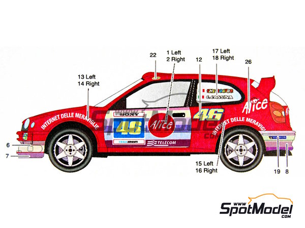 Image 1: Toyota Corolla WRC patrocinado por Alice - Rally de Monza 2004 | Decoraci&oacute;n en escala&nbsp;1/24 fabricado por Studio27 (ref.&nbsp;ST27-DC732C, tambien 4545310407324 y DC732C)