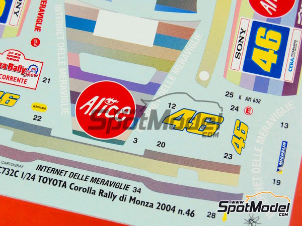 Image 5: Toyota Corolla WRC patrocinado por Alice - Rally de Monza 2004 | Decoraci&oacute;n en escala&nbsp;1/24 fabricado por Studio27 (ref.&nbsp;ST27-DC732C, tambien 4545310407324 y DC732C)