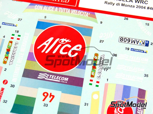 Image 6: Toyota Corolla WRC patrocinado por Alice - Rally de Monza 2004 | Decoraci&oacute;n en escala&nbsp;1/24 fabricado por Studio27 (ref.&nbsp;ST27-DC732C, tambien 4545310407324 y DC732C)