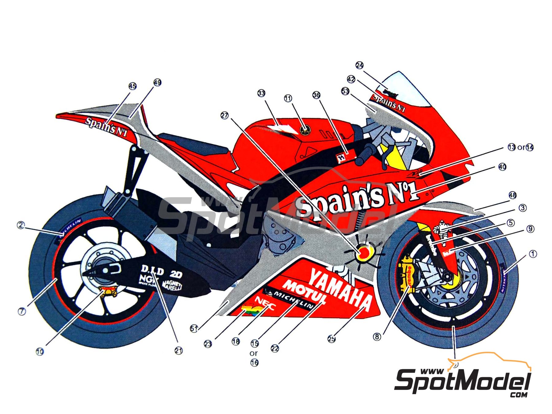 Image 8: Yamaha YZR-M1 Equipo Yamaha Tech3 patrocinado por Spain - Campeonato del Mundo de Motociclismo 2005 | Decoraci&oacute;n en escala&nbsp;1/12 fabricado por Studio27 (ref.&nbsp;ST27-DC844, tambien 4545310408444 y DC844)