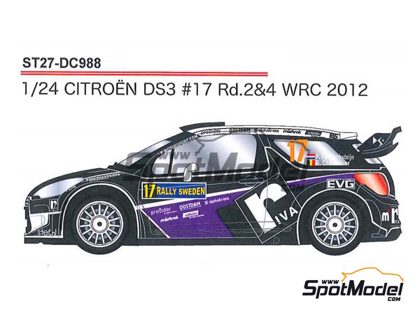 Image 1: Citroen DS3 WRC Equipo Van Merksteijn Motorsport patrocinado por Riva - Rally de Suecia, Vodafone Rally de Portugal 2012 | Decoraci&oacute;n en escala&nbsp;1/24 fabricado por Studio27 (ref.&nbsp;ST27-DC988, tambien 4545310005636 y DC988)