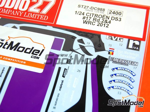 Image 2: Citroen DS3 WRC Equipo Van Merksteijn Motorsport patrocinado por Riva - Rally de Suecia, Vodafone Rally de Portugal 2012 | Decoraci&oacute;n en escala&nbsp;1/24 fabricado por Studio27 (ref.&nbsp;ST27-DC988, tambien 4545310005636 y DC988)