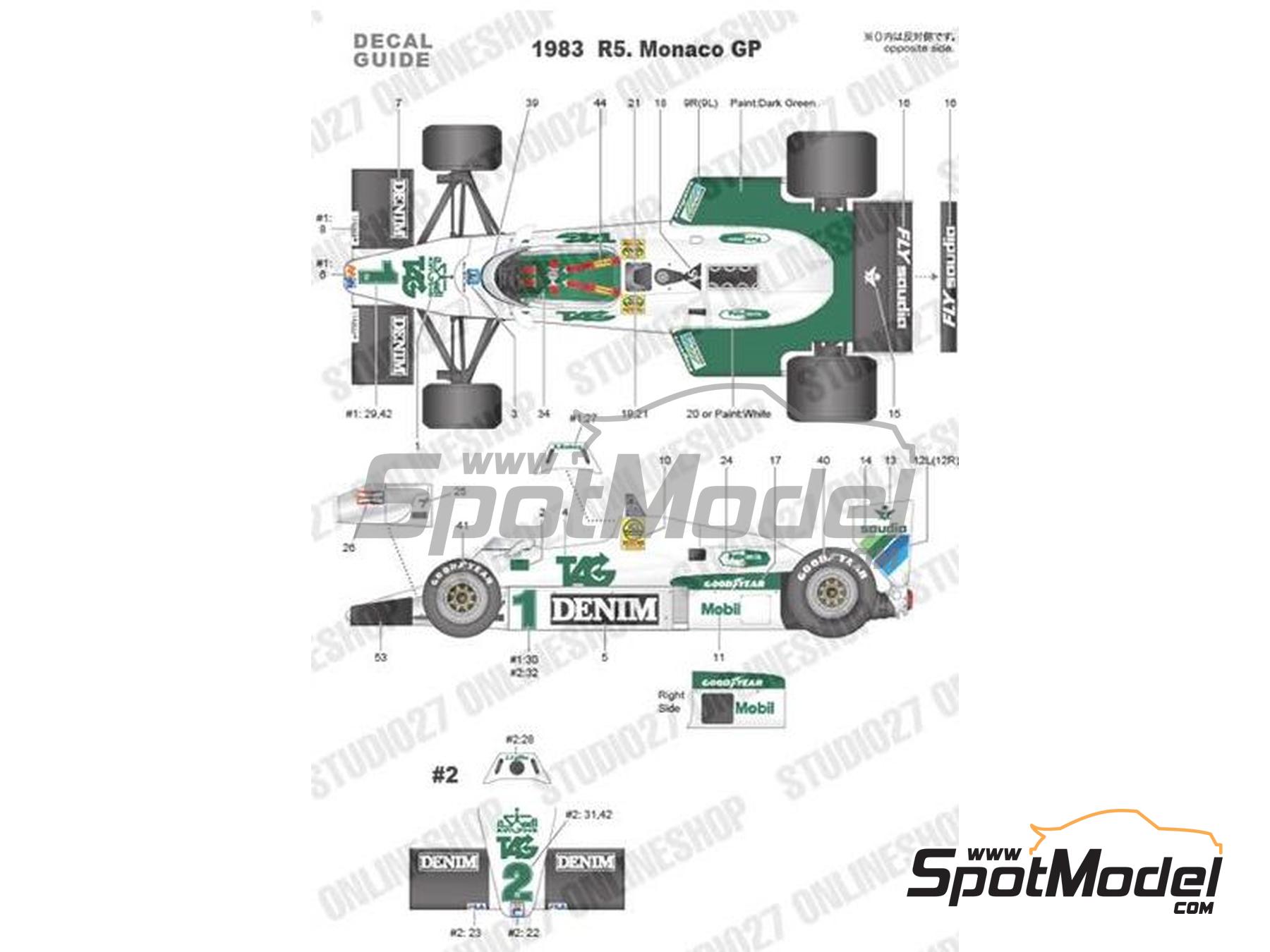 Williams FW08C TAG Williams Team sponsored by Denim - Monaco Formula 1  Grand Prix 1983. Car scale model kit in 1/20 scale manufactured by Studio27  (re