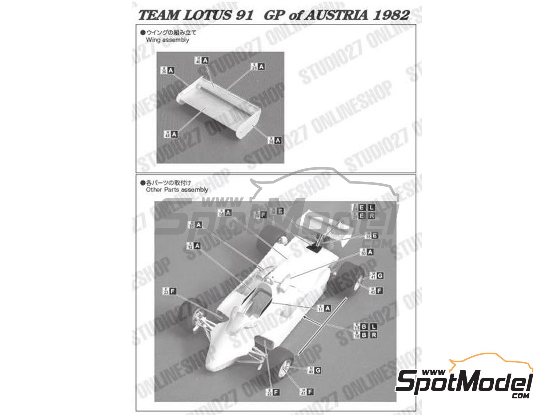 Image 4: Lotus Ford 91 John Player Lotus Team - Austrian Formula 1 Grand Prix 1982 | Car scale model kit in 1/20 scale manufactured by Studio27 (ref.&nbsp;ST27-FK20272, also 4545310202721 and FK20272)