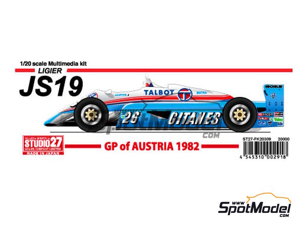 Ligier JS19 Equipe Ligier Team sponsored by Gitanes - Austrian Formula 1  Grand Prix 1982. Car scale model kit in 1/20 scale manufactured by Studio27  (