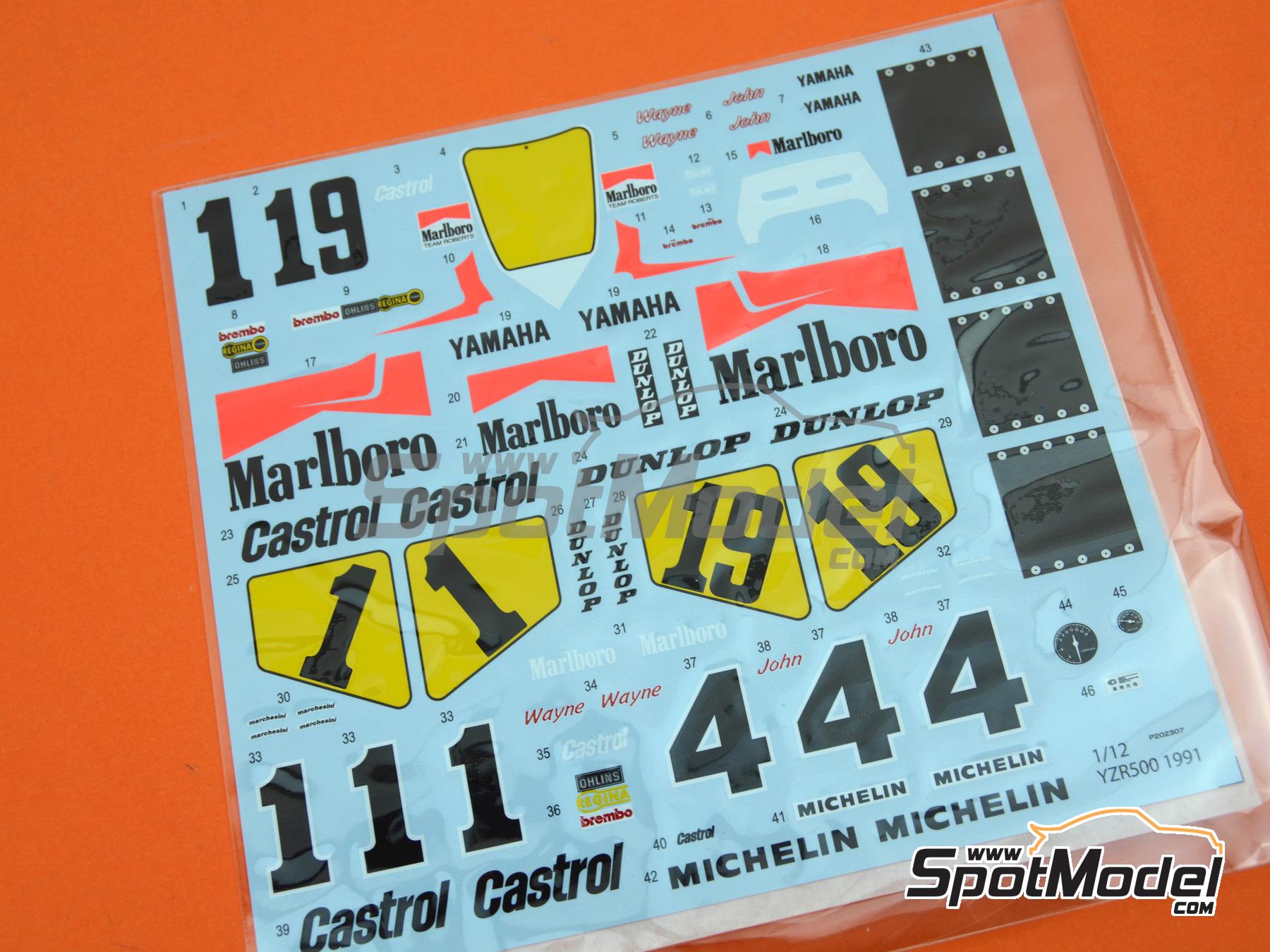 Image 8: Yamaha YZR500 Equipo Marlboro Team Roberts patrocinado por Castrol - Campeonato del Mundo de Motociclismo 1991 | Decoraci&oacute;n en escala&nbsp;1/12 fabricado por Studio27 (ref.&nbsp;ST27-TK1257, tambien 4545310020592 y TK1257)