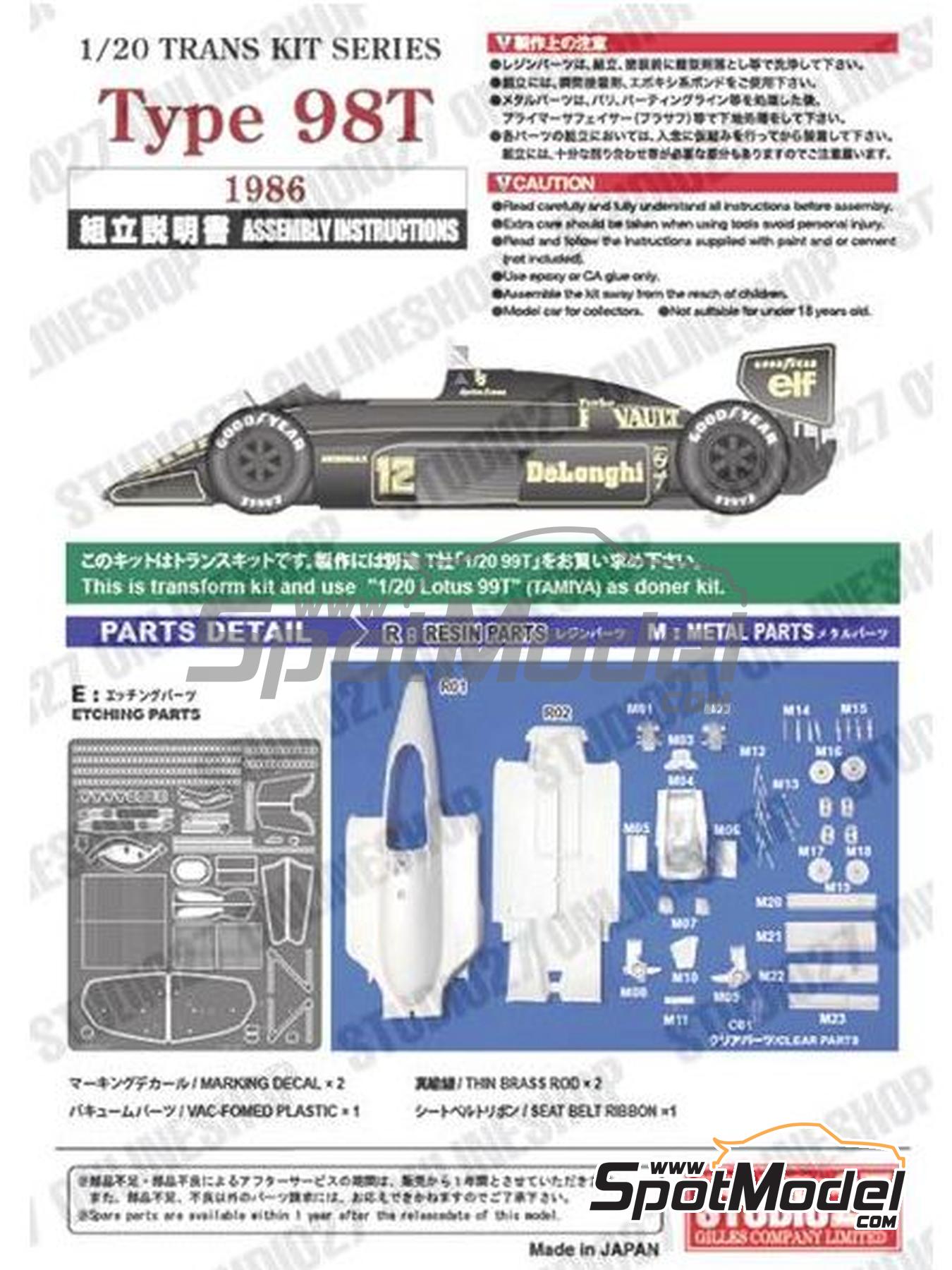 Lotus Renault 98T sponsored by John Player Special - Formula 1 World  Championship 1986. Transkit in 1/20 scale manufactured by Studio27 (ref.  ST27-TK2