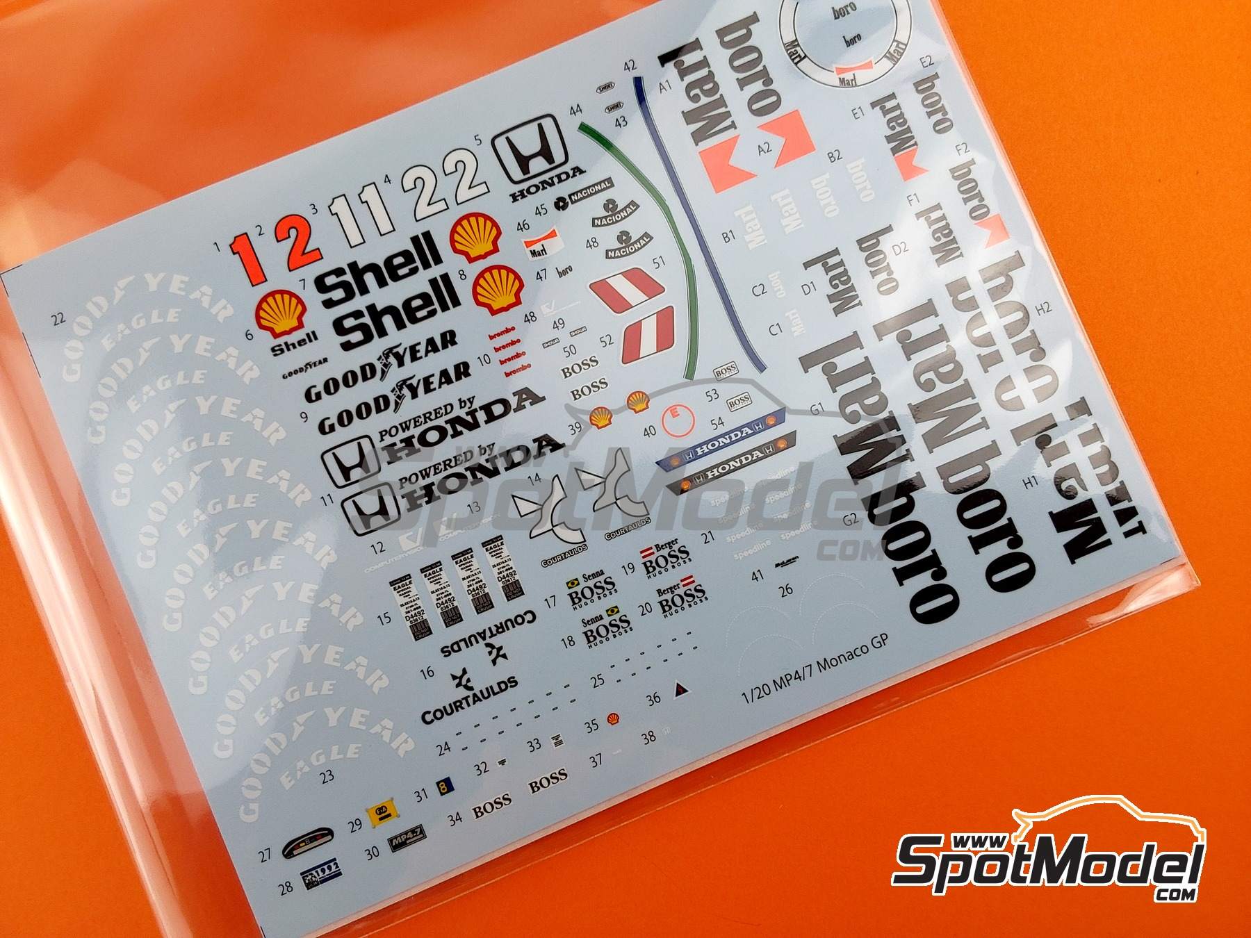 Image 13: McLaren Honda MP4/7 McLaren Racing Limited Team sponsored by Shell Marlboro - Monaco Formula 1 Grand Prix 1992 | Marking / livery in 1/20 scale manufactured by Studio27 (ref.&nbsp;ST27-TK2080, also 4545310019732 and TK2080)