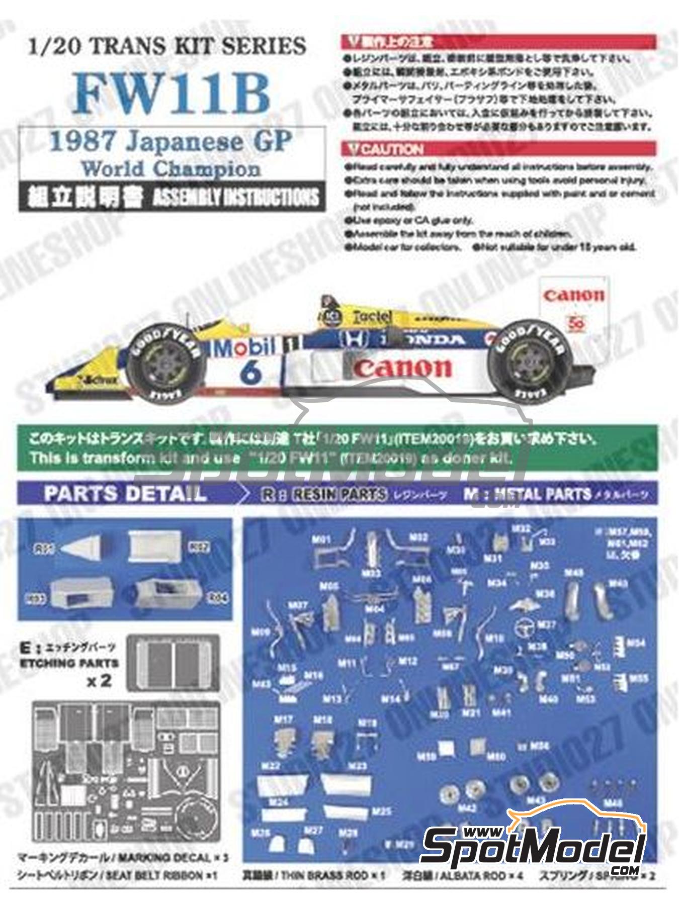 Williams Honda FW11B Williams Grand Prix Engineering Team sponsored by  Canon - Japanese Formula 1 Grand Prix 1987. Marking / livery in 1/20 scale  manu