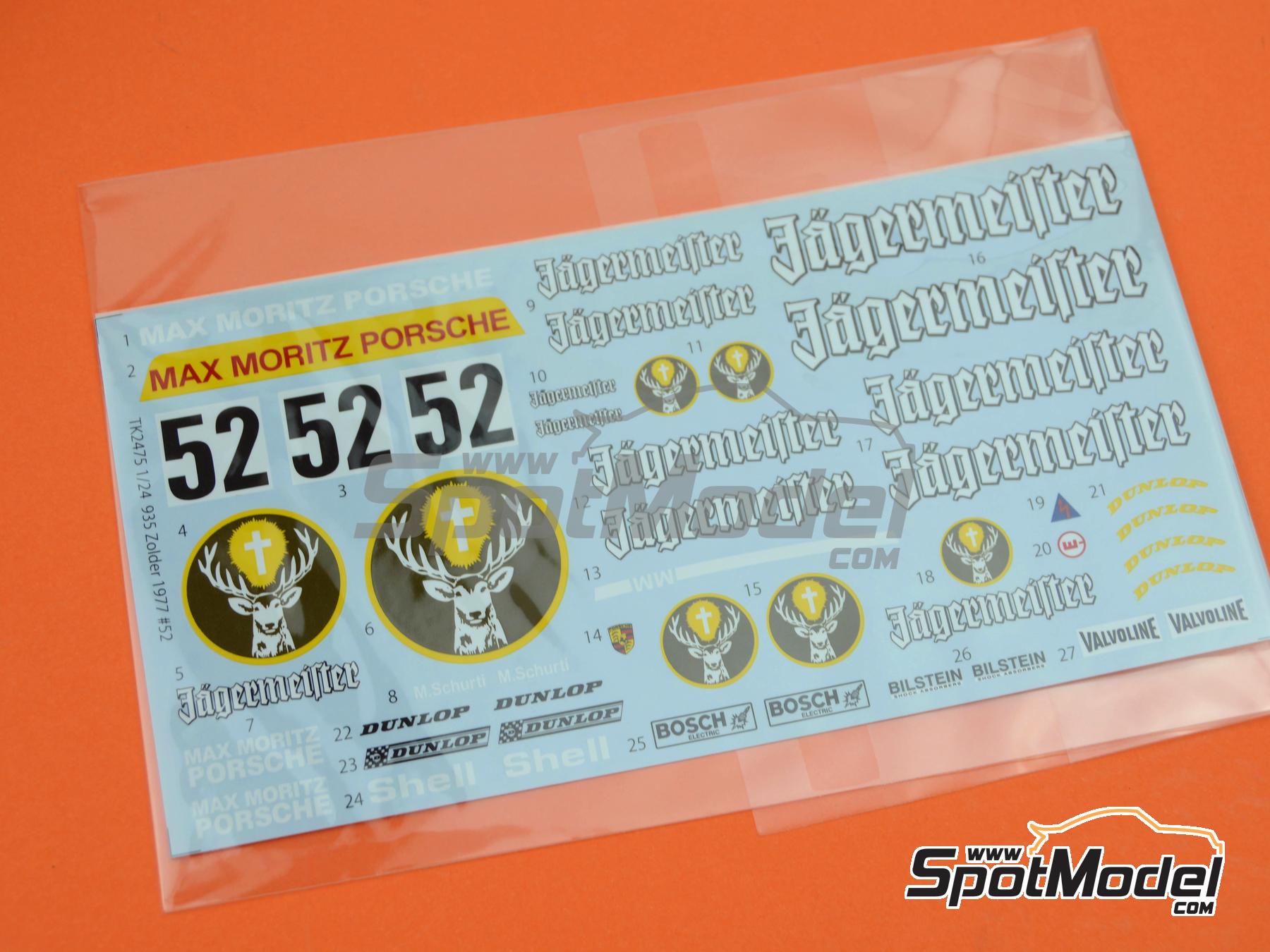 Image 11: Porsche 935 Max Moritz Team sponsored by Jagermeister - Deutsche Rennsport Meisterschaft DRM Zolder Bergischer L&ouml;we 1977 | Marking / livery in 1/24 scale manufactured by Studio27 (ref.&nbsp;ST27-TK2480, also 4545310021162 and TK2480)