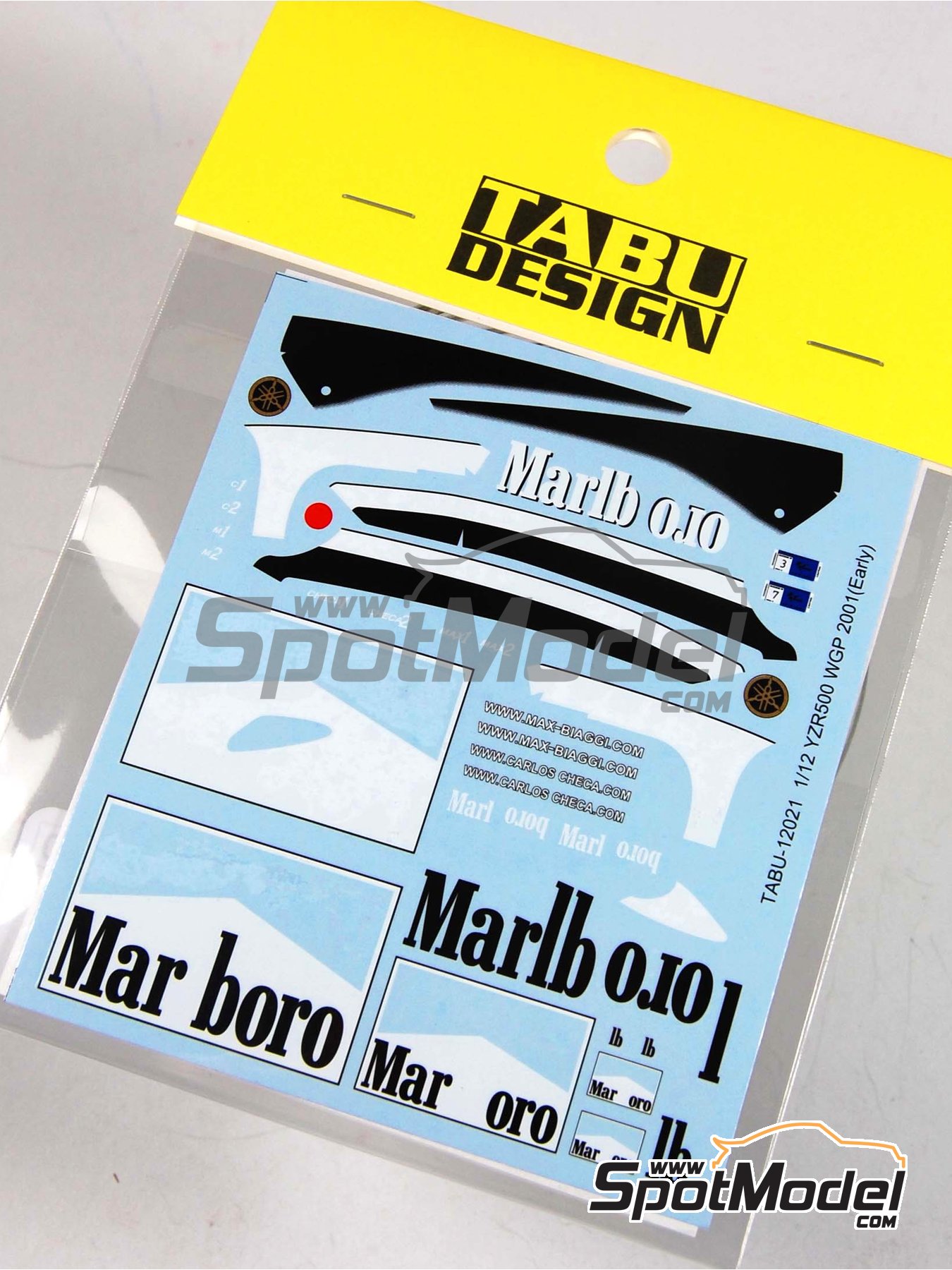 Tabu Design TABU12021: Marking livery 1/12 scale Yamaha YZR500  sponsored by Marlboro Max Biaggi (IT), Carlos Checa (ES) Early season  2001 for Tamiya reference TAM14088 (ref. TABU12021) SpotModel