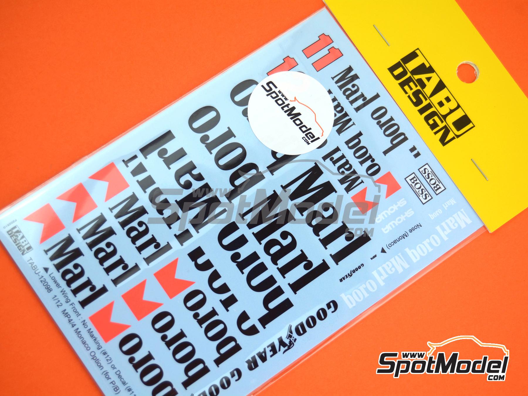 Image 2: McLaren Honda MP4/4 McLaren Racing Limited Team sponsored by Marlboro -  1988 | Marking / livery in 1/12 scale manufactured by Tabu Design (ref.&nbsp;TABU12098, also 4545310022015)