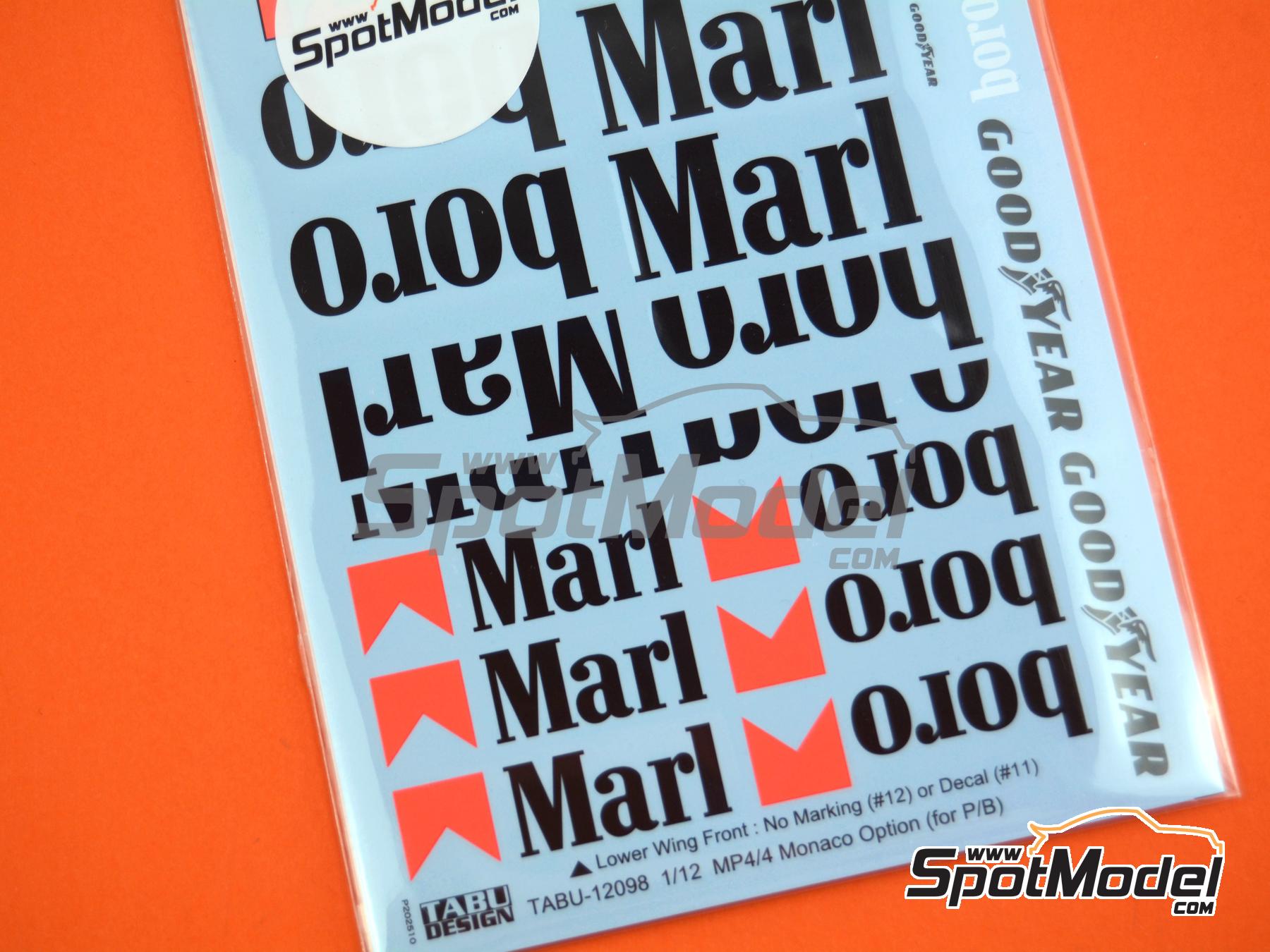 Image 4: McLaren Honda MP4/4 McLaren Racing Limited Team sponsored by Marlboro -  1988 | Marking / livery in 1/12 scale manufactured by Tabu Design (ref.&nbsp;TABU12098, also 4545310022015)