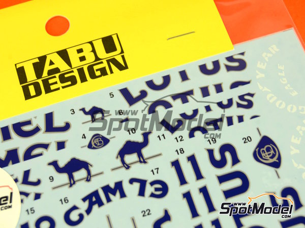 Image 6: Lotus Honda 99T Equipo Lotus patrocinado por Camel - Campeonato del Mundo FIA de Formula 1 1987 | Decoraci&oacute;n en escala&nbsp;1/20 fabricado por Tabu Design (ref.&nbsp;TABU20028E, tambien 4545310021377)