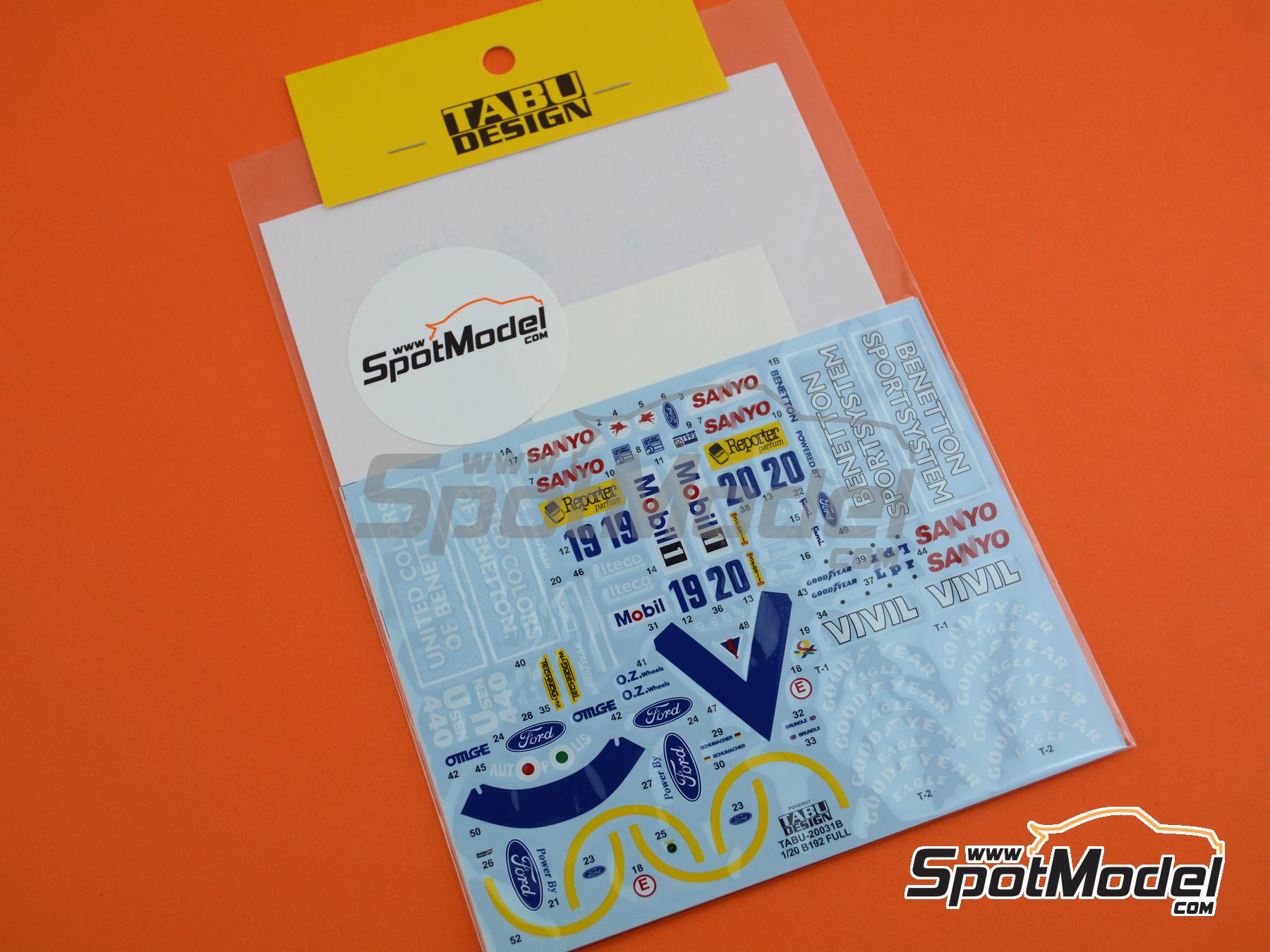 Image 2: Benetton Ford B192 patrocinado por United Colors, Sanyo - Campeonato del Mundo FIA de Formula 1 1992 | Decoraci&oacute;n en escala&nbsp;1/20 fabricado por Tabu Design (ref.&nbsp;TABU20031B)