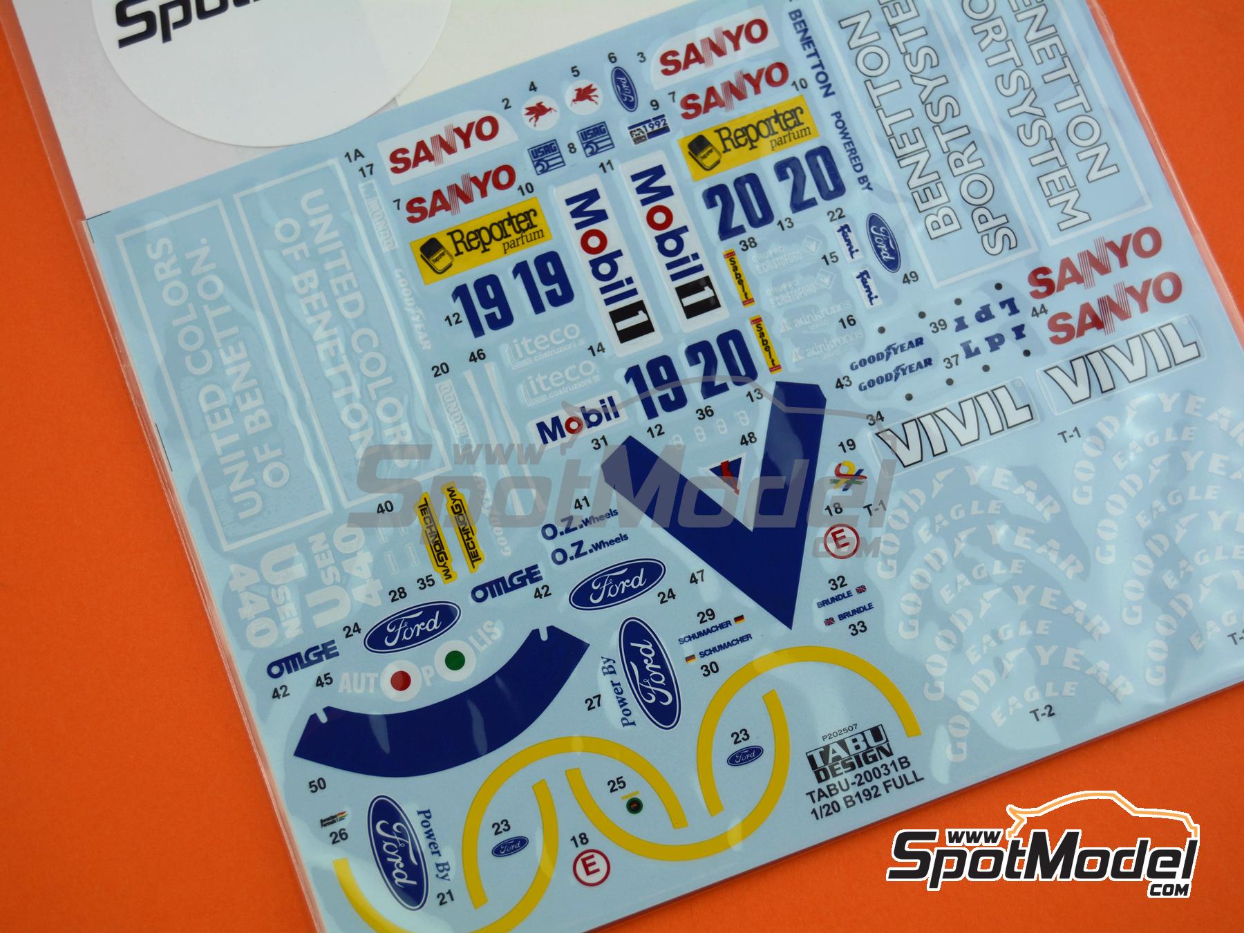 Image 4: Benetton Ford B192 patrocinado por United Colors, Sanyo - Campeonato del Mundo FIA de Formula 1 1992 | Decoraci&oacute;n en escala&nbsp;1/20 fabricado por Tabu Design (ref.&nbsp;TABU20031B)